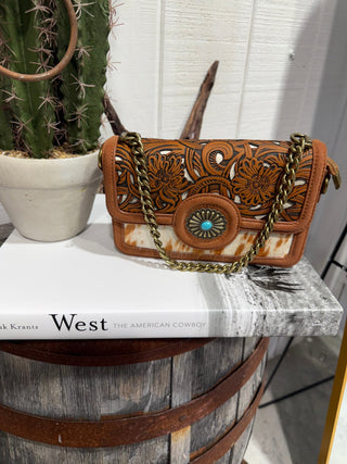 Trinity Ranch Desert Bloom Tooled Cowhide Crossbody Bag-Tan - Barbwire n Bougie Boutique