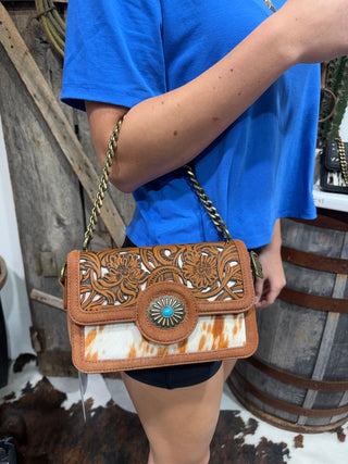 Trinity Ranch Desert Bloom Tooled Cowhide Crossbody Bag-Tan - Barbwire n Bougie Boutique