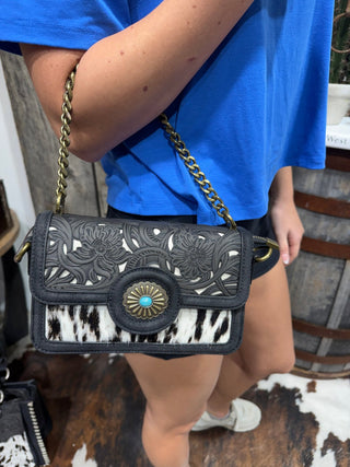 Trinity Ranch Midnight Bloom Tooled Cowhide Crossbody Bag- Black - Barbwire n Bougie Boutique
