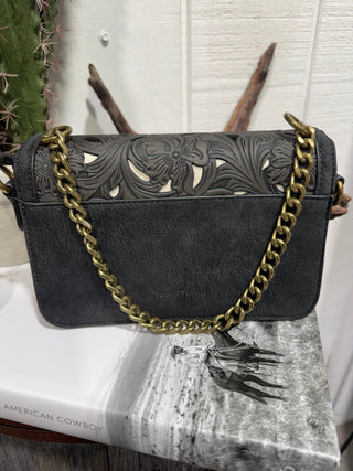 Trinity Ranch Midnight Bloom Tooled Cowhide Crossbody Bag- Black - Barbwire n Bougie Boutique