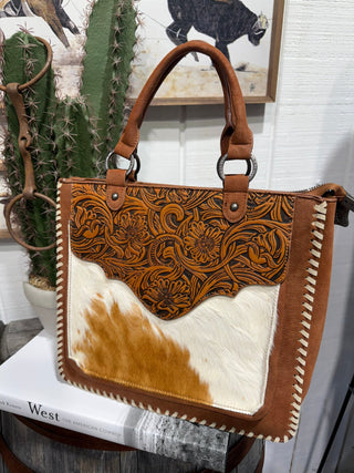 Trinity Ranch Saddle Bloom Tooled Cowhide Tote Bag-Tan Concealed Carry - Barbwire n Bougie Boutique