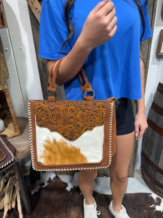 Trinity Ranch Saddle Bloom Tooled Cowhide Tote Bag-Tan Concealed Carry - Barbwire n Bougie Boutique