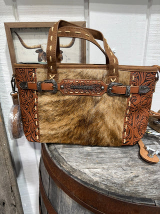 Trinity Ranch Tooled Leather & Hair-On Hide Western Tote Bag - Barbwire n Bougie Boutique