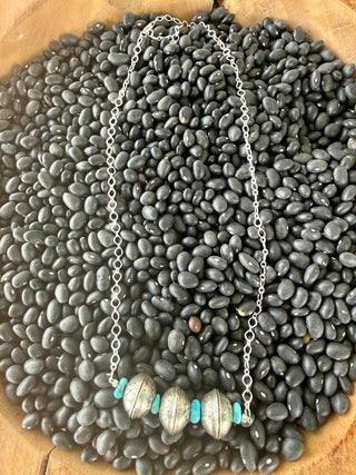 Triple Mercury Dime Sterling Silver & Turquoise Necklace | Western Boho Statement Necklace-20” long - Barbwire n Bougie Boutique