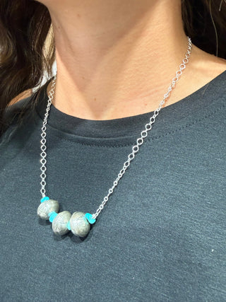 Triple Mercury Dime Sterling Silver & Turquoise Necklace | Western Boho Statement Necklace-20” long - Barbwire n Bougie Boutique