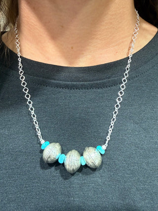Triple Mercury Dime Sterling Silver & Turquoise Necklace | Western Boho Statement Necklace-20” long - Barbwire n Bougie Boutique