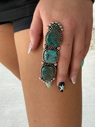 Triple Stone Turquoise Statement Ring – Tibetan German Silver - Barbwire n Bougie Boutique