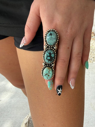 Triple Stone Turquoise Statement Ring – Tibetan German Silver - Barbwire n Bougie Boutique
