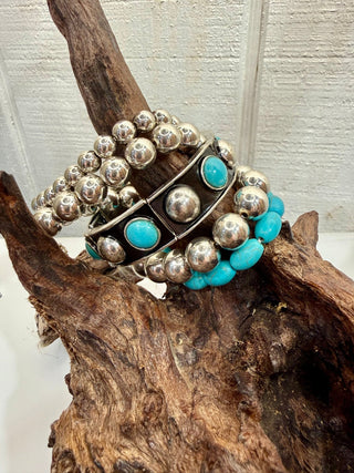 Turquoise Bar Concho Cuff Bracelet | Navajo Pearl Style Western Statement Stack-Set Of 5 - Barbwire n Bougie Boutique