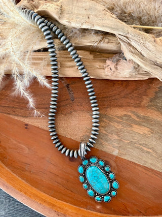 Turquoise Cluster Pendant Navajo Pearl Necklace – 24” - Barbwire n Bougie Boutique