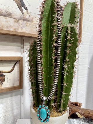 Turquoise Cluster Pendant Navajo Pearl Necklace – 24” - Barbwire n Bougie Boutique