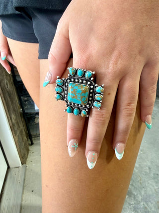 Turquoise Cluster Square Statement Ring – Adjustable Western Boho Ring - Barbwire n Bougie Boutique