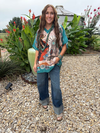 Turquoise Concho Rodeo Poncho Top – Western Horse Graphic Cowgirl Blouse-One Size Fits Upto 2X - Barbwire n Bougie Boutique