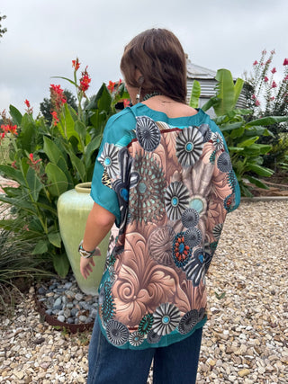 Turquoise Concho Rodeo Poncho Top – Western Horse Graphic Cowgirl Blouse-One Size Fits Upto 2X - Barbwire n Bougie Boutique