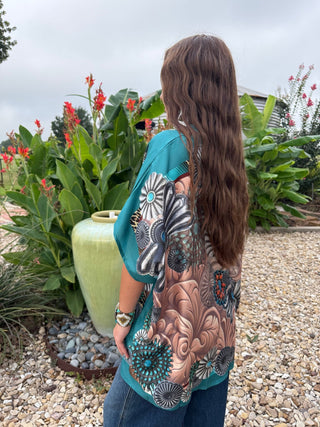 Turquoise Concho Rodeo Poncho Top – Western Horse Graphic Cowgirl Blouse-One Size Fits Upto 2X - Barbwire n Bougie Boutique
