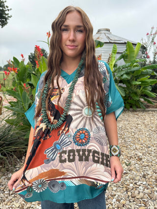 Turquoise Concho Rodeo Poncho Top – Western Horse Graphic Cowgirl Blouse-One Size Fits Upto 2X - Barbwire n Bougie Boutique