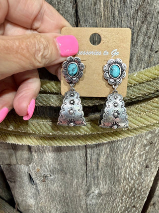 Turquoise Concho Stamped Hoop Earrings | Western Silver Statement Earrings - Barbwire n Bougie Boutique