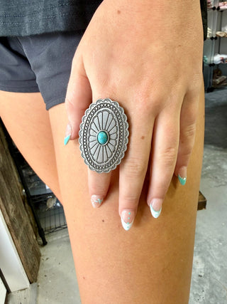 Turquoise Concho Statement Ring | Adjustable Western Fashion Ring-Stretch Band - Barbwire n Bougie Boutique