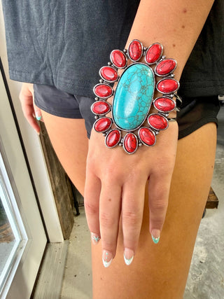 Turquoise & Coral Concho Cuff Bracelet | Western Statement Cuff - Barbwire n Bougie Boutique
