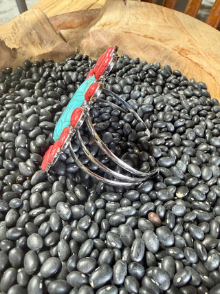 Turquoise & Coral Concho Cuff Bracelet | Western Statement Cuff - Barbwire n Bougie Boutique
