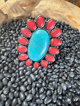 Turquoise & Coral Concho Cuff Bracelet | Western Statement Cuff - Barbwire n Bougie Boutique