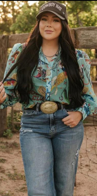 Turquoise Cowgirl Collage Sheer Ballon Sleeve Top - Barbwire n Bougie Boutique