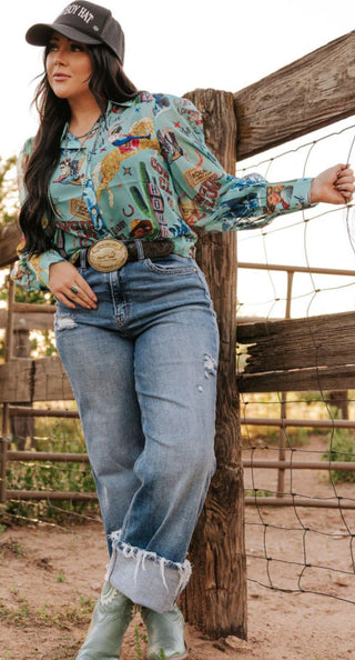 Turquoise Cowgirl Collage Sheer Ballon Sleeve Top - Barbwire n Bougie Boutique