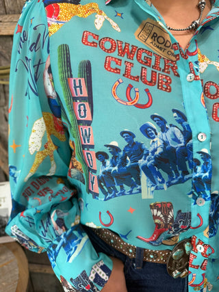 Turquoise Cowgirl Collage Sheer Ballon Sleeve Top - Barbwire n Bougie Boutique