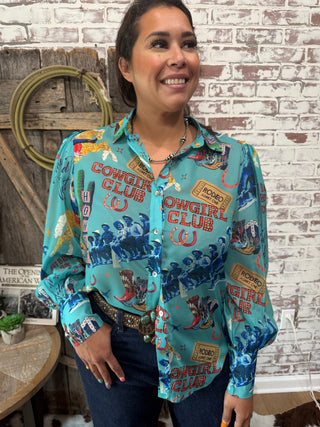 Turquoise Cowgirl Collage Sheer Ballon Sleeve Top - Barbwire n Bougie Boutique