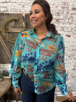 Turquoise Cowgirl Collage Sheer Ballon Sleeve Top - Barbwire n Bougie Boutique