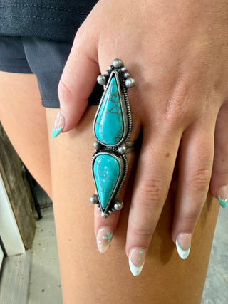 Turquoise Double Teardrop Adjustable Ring – Western Statement Fashion Ring - Barbwire n Bougie Boutique
