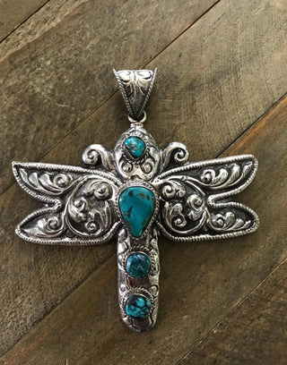 Turquoise Dragonfly Pendant | German Silver Statement Jewelry - Barbwire n Bougie Boutique