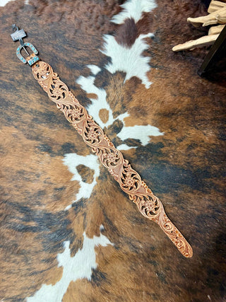 Turquoise Filigree Tooled Leather Wide Western Belt - Barbwire n Bougie Boutique