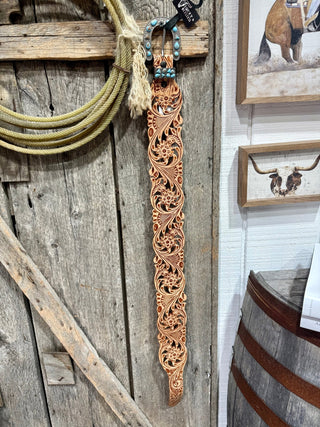 Turquoise Filigree Tooled Leather Wide Western Belt - Barbwire n Bougie Boutique