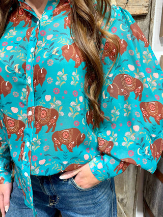 Turquoise Floral Buffalo Button-Up Sheer Blouse - Barbwire n Bougie Boutique