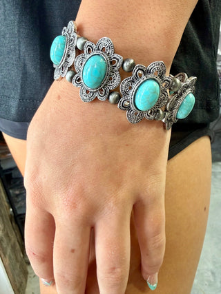 Turquoise Floral Concho Stretch Bracelet | Western Boho Statement Bracelet - Barbwire n Bougie Boutique