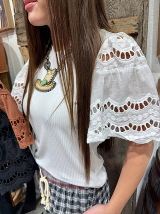 Turquoise Haven Eyelet Lace Puff Sleeve Top-3 Colors - Barbwire n Bougie Boutique