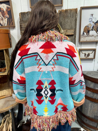 Turquoise Haven Southwestern Fringe Cardigan | Cozy Aztec Knit Open Front Cardigan - Barbwire n Bougie Boutique