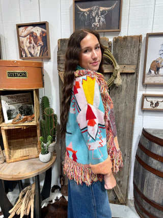 Turquoise Haven Southwestern Fringe Cardigan | Cozy Aztec Knit Open Front Cardigan - Barbwire n Bougie Boutique