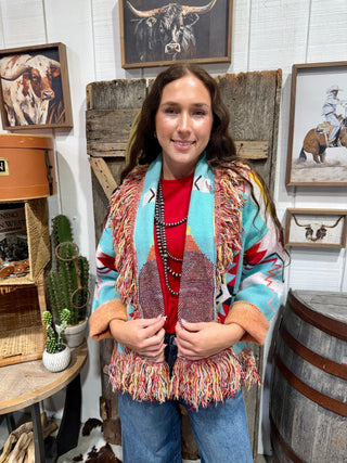 Turquoise Haven Southwestern Fringe Cardigan | Cozy Aztec Knit Open Front Cardigan - Barbwire n Bougie Boutique