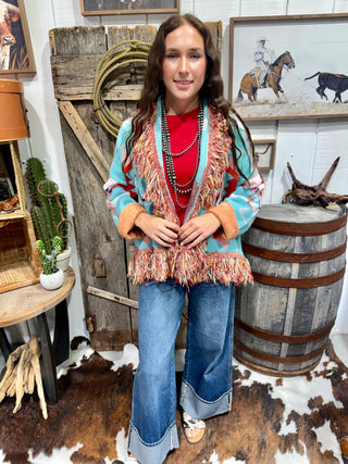Turquoise Haven Southwestern Fringe Cardigan | Cozy Aztec Knit Open Front Cardigan - Barbwire n Bougie Boutique