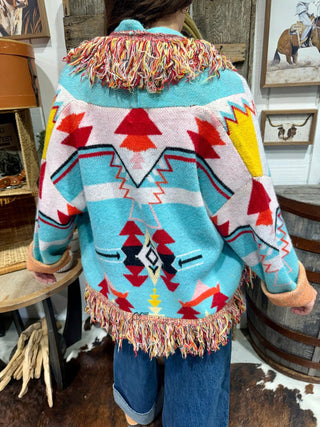 Turquoise Haven Southwestern Fringe Cardigan | Cozy Aztec Knit Open Front Cardigan - Barbwire n Bougie Boutique