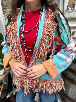 Turquoise Haven Southwestern Fringe Cardigan | Cozy Aztec Knit Open Front Cardigan - Barbwire n Bougie Boutique