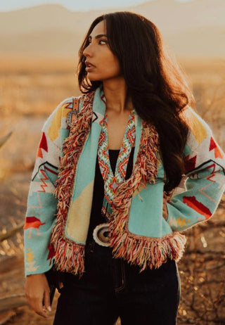 Turquoise Haven Southwestern Fringe Cardigan | Cozy Aztec Knit Open Front Cardigan - Barbwire n Bougie Boutique