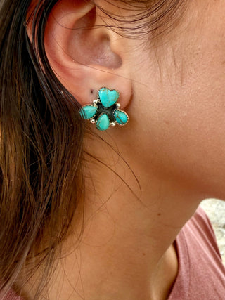 Turquoise Heart & Teardrop Cluster Sterling Silver Earrings - Barbwire n Bougie Boutique