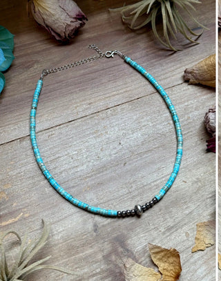 Turquoise Heishi Choker Necklace with Sterling Silver Accent Beads | Western Boho Jewelry-14” - Barbwire n Bougie Boutique