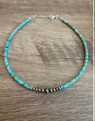 Turquoise Heishi Choker Necklace with Sterling Silver Accent Beads | Western Boho Jewelry-14” - Barbwire n Bougie Boutique