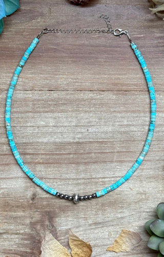 Turquoise Heishi Choker Necklace with Sterling Silver Accent Beads | Western Boho Jewelry-14” - Barbwire n Bougie Boutique