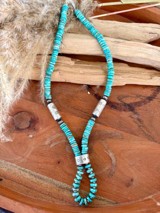 Turquoise Heishi & Stamped Sterling Silver Jocla Necklace - Barbwire n Bougie Boutique