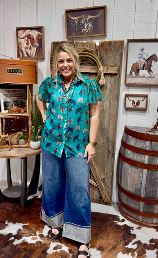Turquoise Horse Print Button-Up Flutter Sleeve Sheer Top - Barbwire n Bougie Boutique